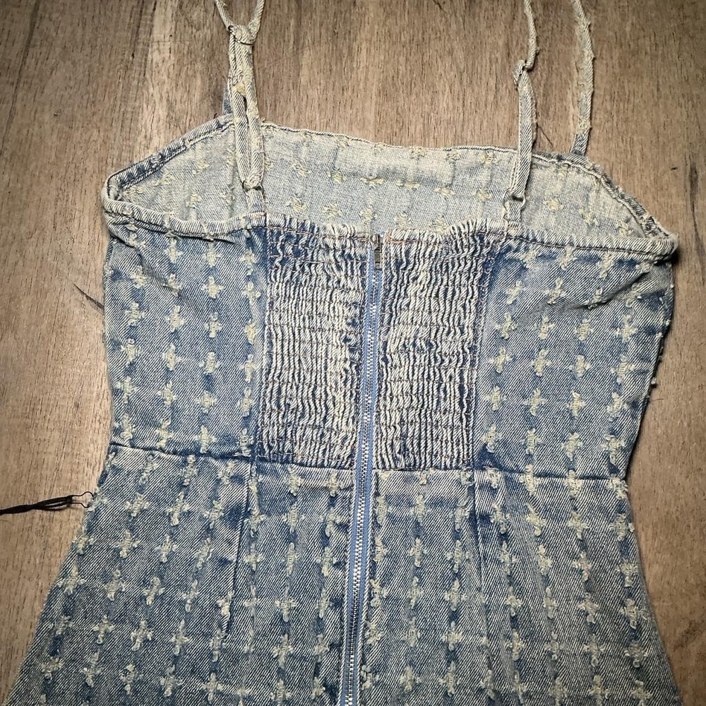 Forever 21 Blue Denim Grid Texture Strapless Mini Dress Y2K Going Out Size XS - Picture 6 of 6